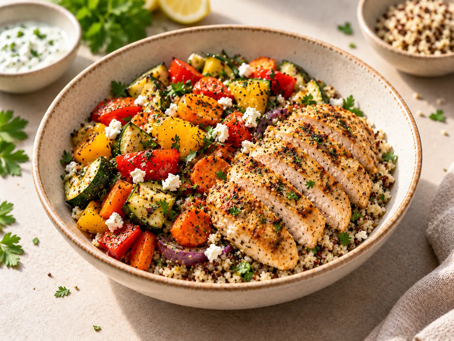 Bol de poulet grillé, quinoa et légumes
