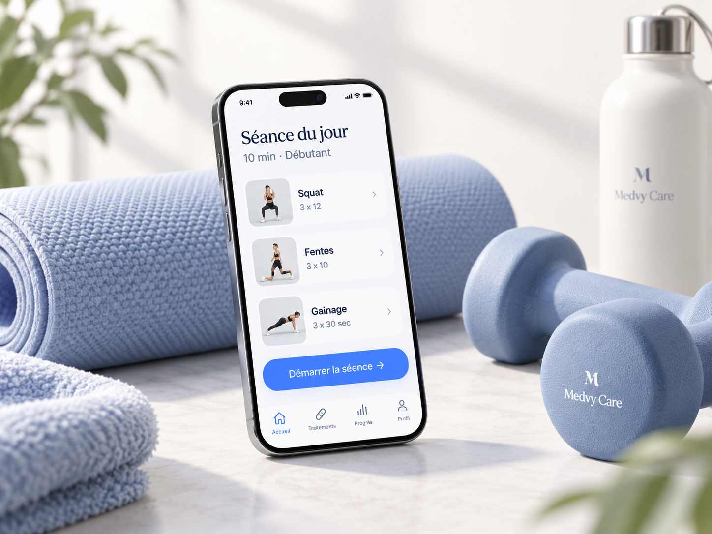 Séance de mouvement Medvy sur téléphone, tapis et haltères